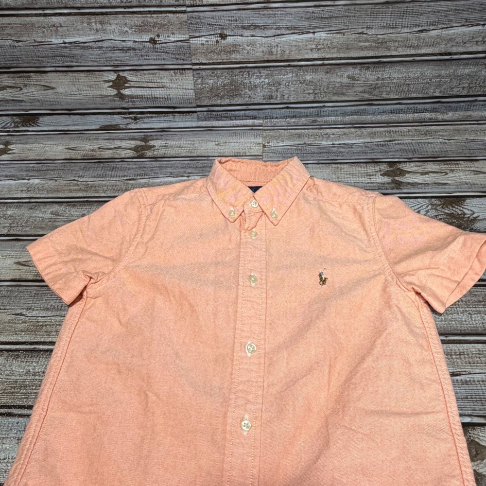Ralph Lauren Button Down Shirt Kids Size 7 Orange‎ Short Sleeve Oxford Cotton